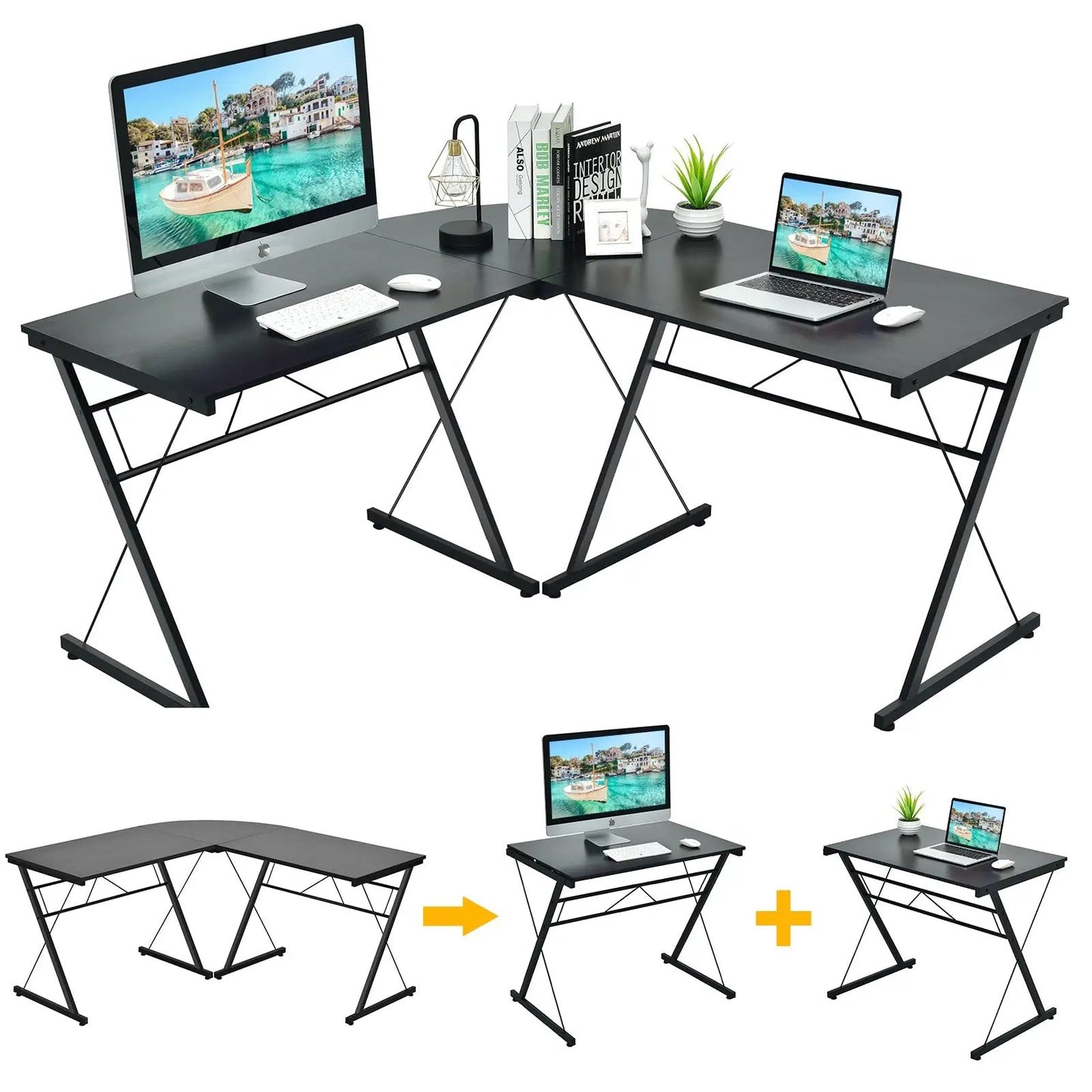 59 Inch L-Shaped Corner Desk black metal frame with dual work surfaces on Tampa Home & Garden Store