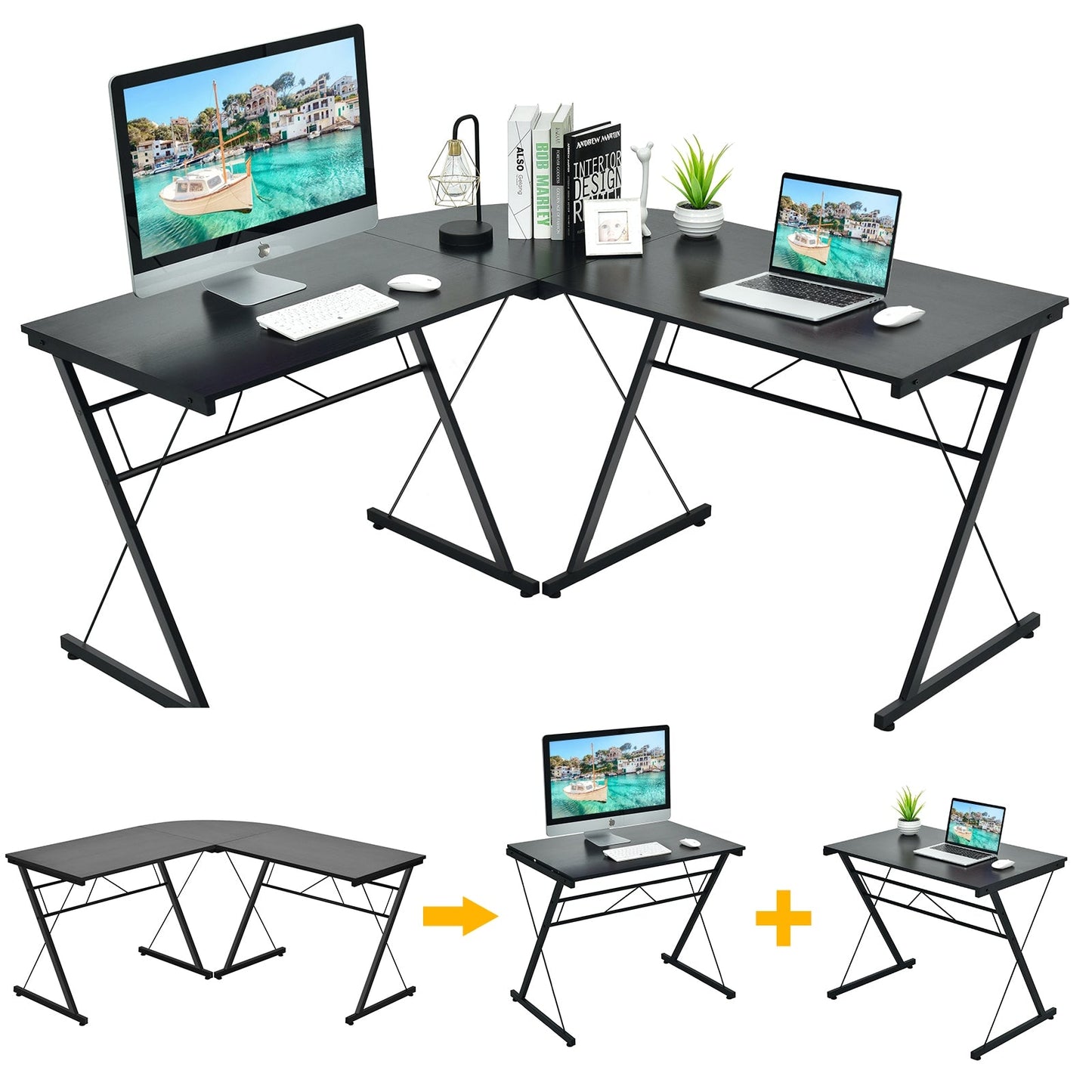 59 Inches L-Shaped Corner Desk Computer Table for Home Office Study Workstation-Black - Tampa Home & Garden Store