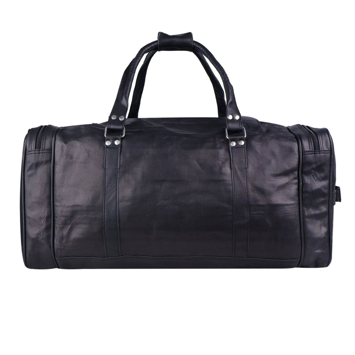Dark Knight Leather Weekender Duffel Bag in black full-grain goat leather with top handles on Tampa Home & Garden Store
