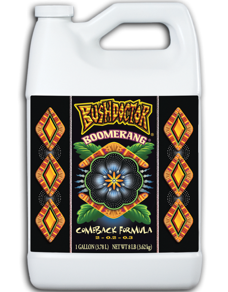 Boomerang Comeback Formula root health supplement bottle, Bush Doctor label, 1 gallon on Tampa Home & Garden Store