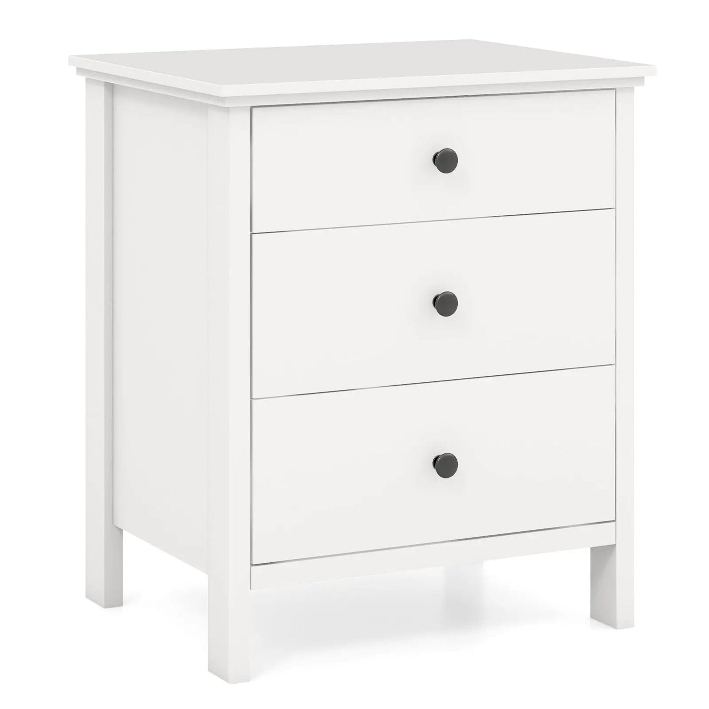 White three-drawer modern nightstand with black knob pulls on Tampa Home & Garden Store