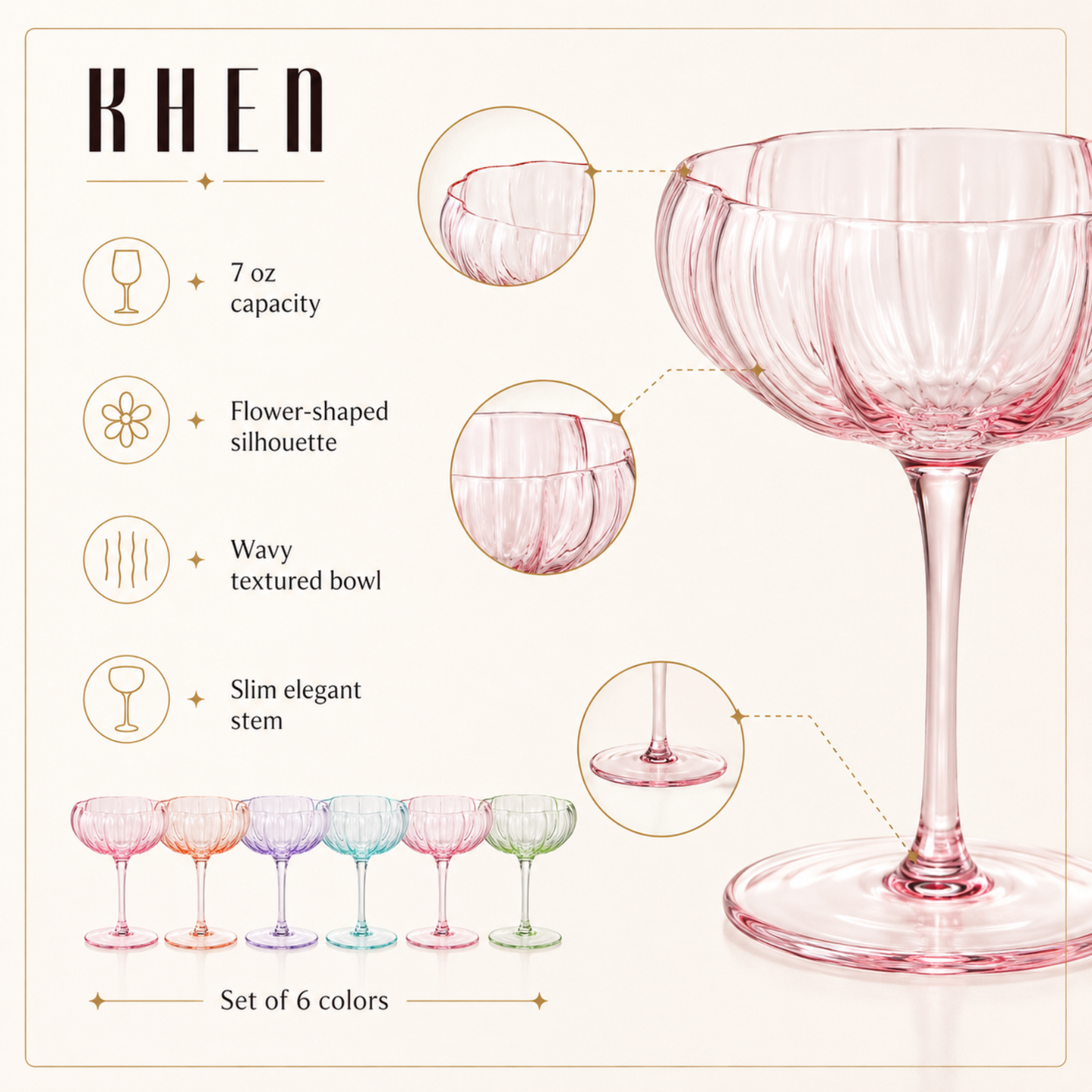 Set of six bright flower coupe cocktail glasses
