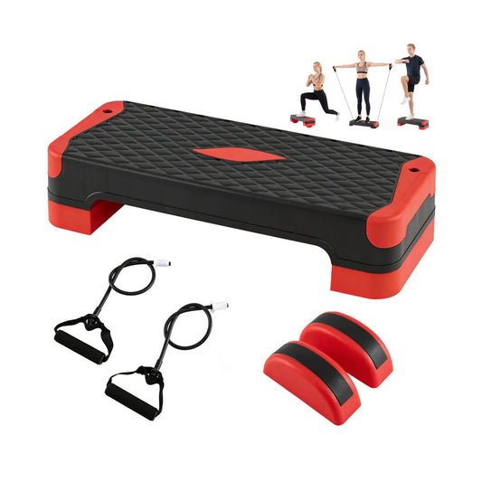 3-in-1 aerobic step platform DirectDeals with risers, textured black top, red ends, resistance bands on Tampa Home & Garden Store