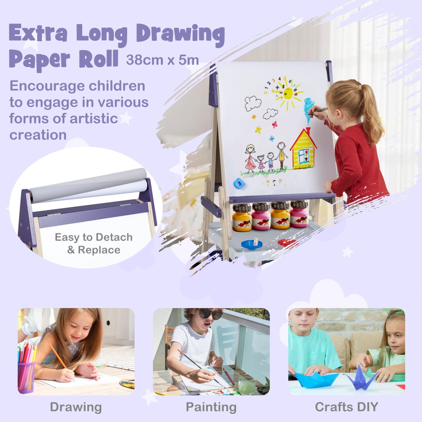 3-in-1 Kids Art Easel with magnetic whiteboard and chalkboard by DirectDeals, purple frame on Tampa Home & Garden Store