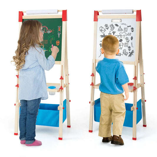 3-in-1 double-sided wooden kid easels with chalkboard and whiteboard, two kids drawing on Tampa Home & Garden Store