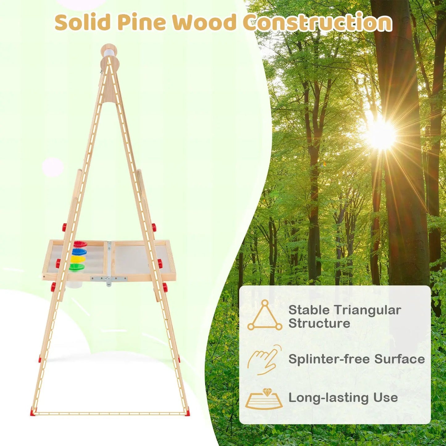 3-in-1 wooden kids art easel with paper roll, natural pine wood, triangular frame with paint cups on Tampa Home & Garden Store
