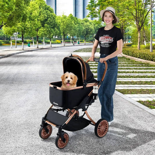 3-in-1 Foldable Pet Stroller with Sun Shade black copper frame carrying a small dog Petsite on Tampa Home & Garden Store