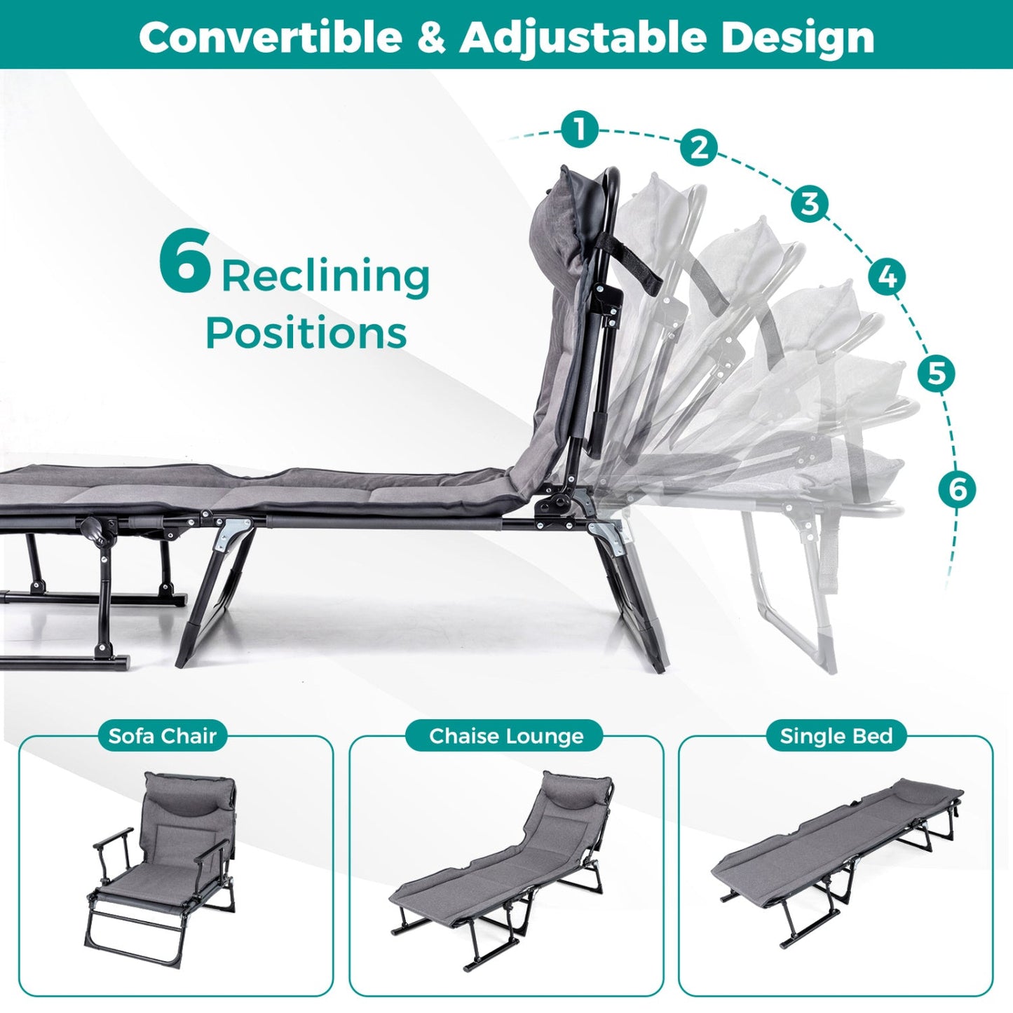 3 in 1 Folding Camping Cot with Convertible Chair gray, padded sleeper cot with 6 reclining positions DirectDeals on Tampa Home & Garden Store