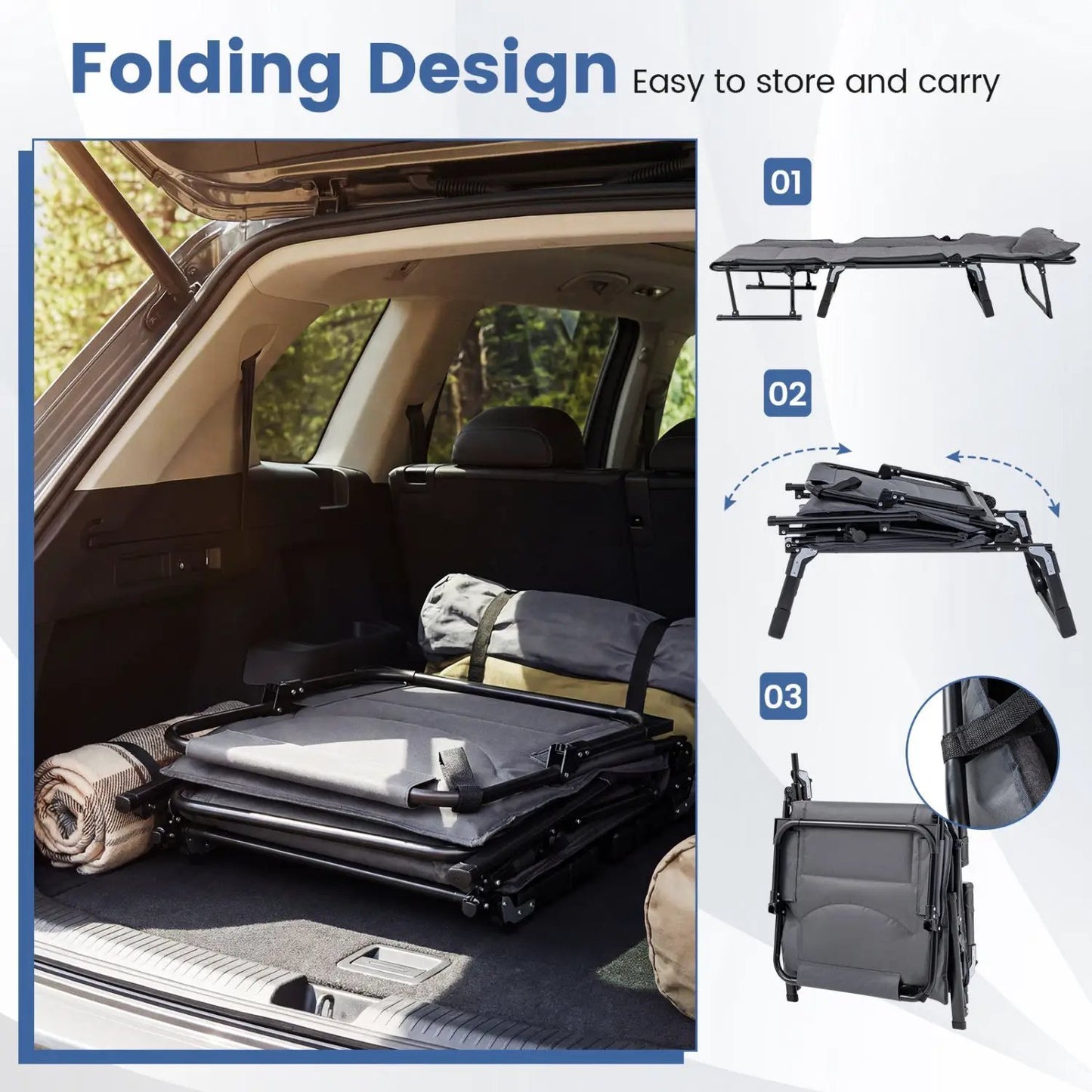 3 in 1 Folding Camping Cot and Sofa Chair gray padded by DirectDeals in SUV trunk on Tampa Home & Garden Store