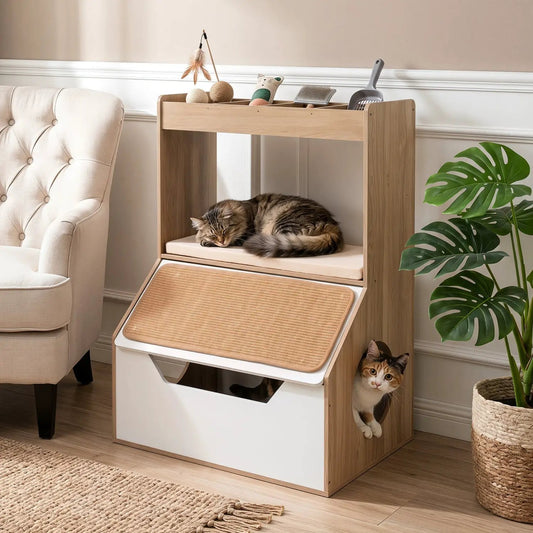 DirectDeals Hidden Cat Litter Box Cabinet with Scratching Pad & Cushion in natural wood, two cats on Tampa Home & Garden Store