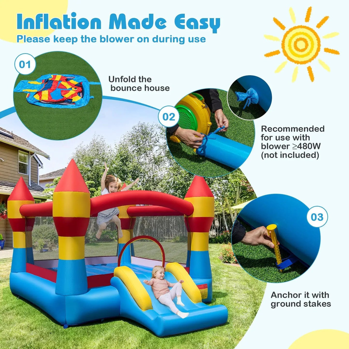 3-in-1 Kids Bouncer With Slide and Hoop, blue inflatable playset by DirectDeals on Tampa Home & Garden Store