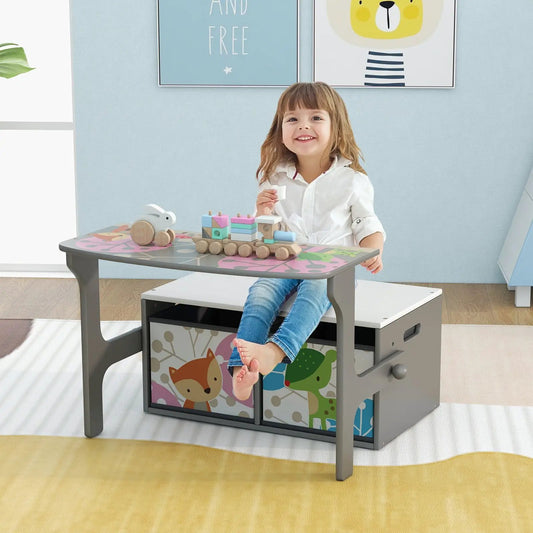 3 in 1 kids convertible activity bench with grey tabletop and animal-print cubby storage on Tampa Home & Garden Store