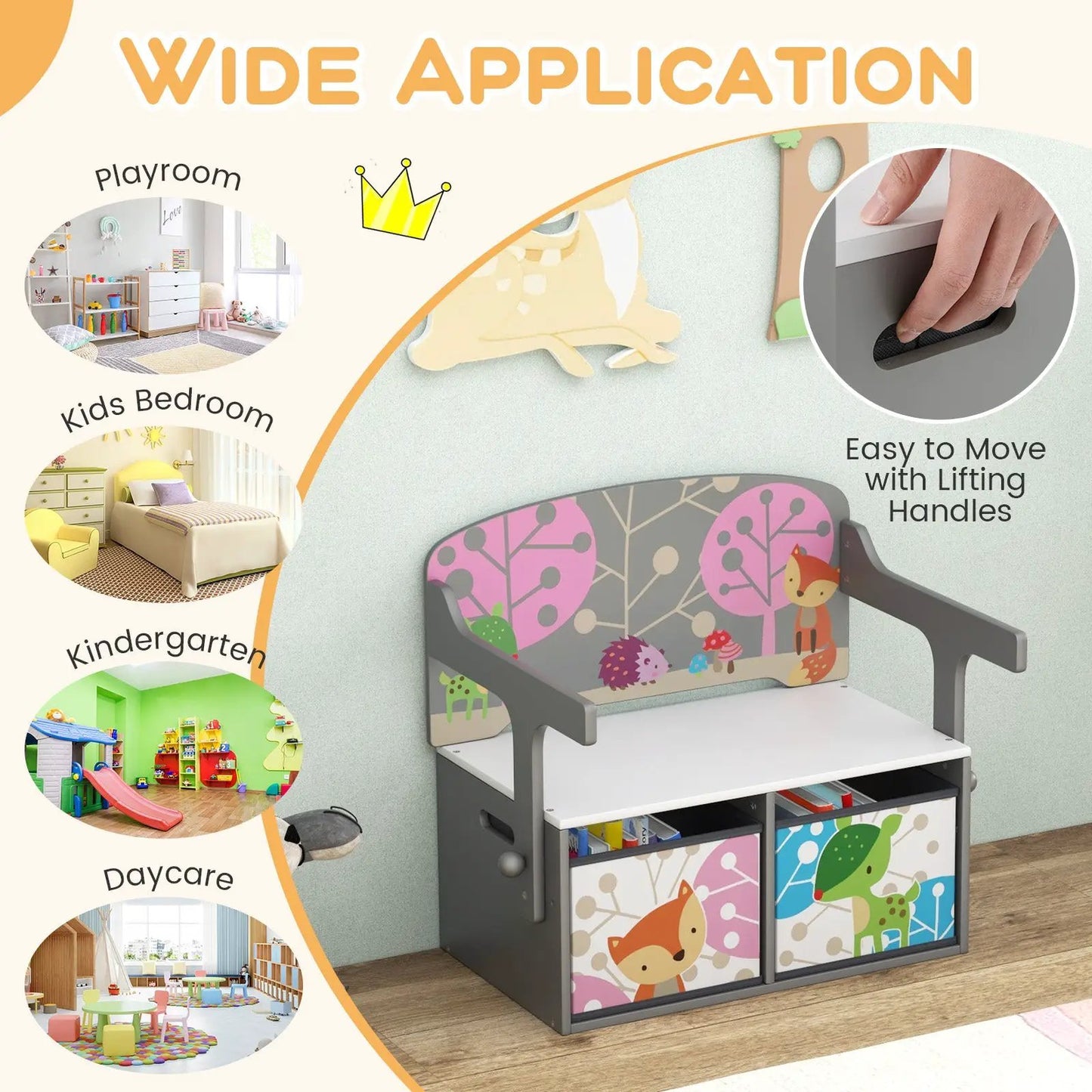 3-in-1 kids convertible activity cubby bench with 2 removable fabric bins and colorful panels on Tampa Home & Garden Store