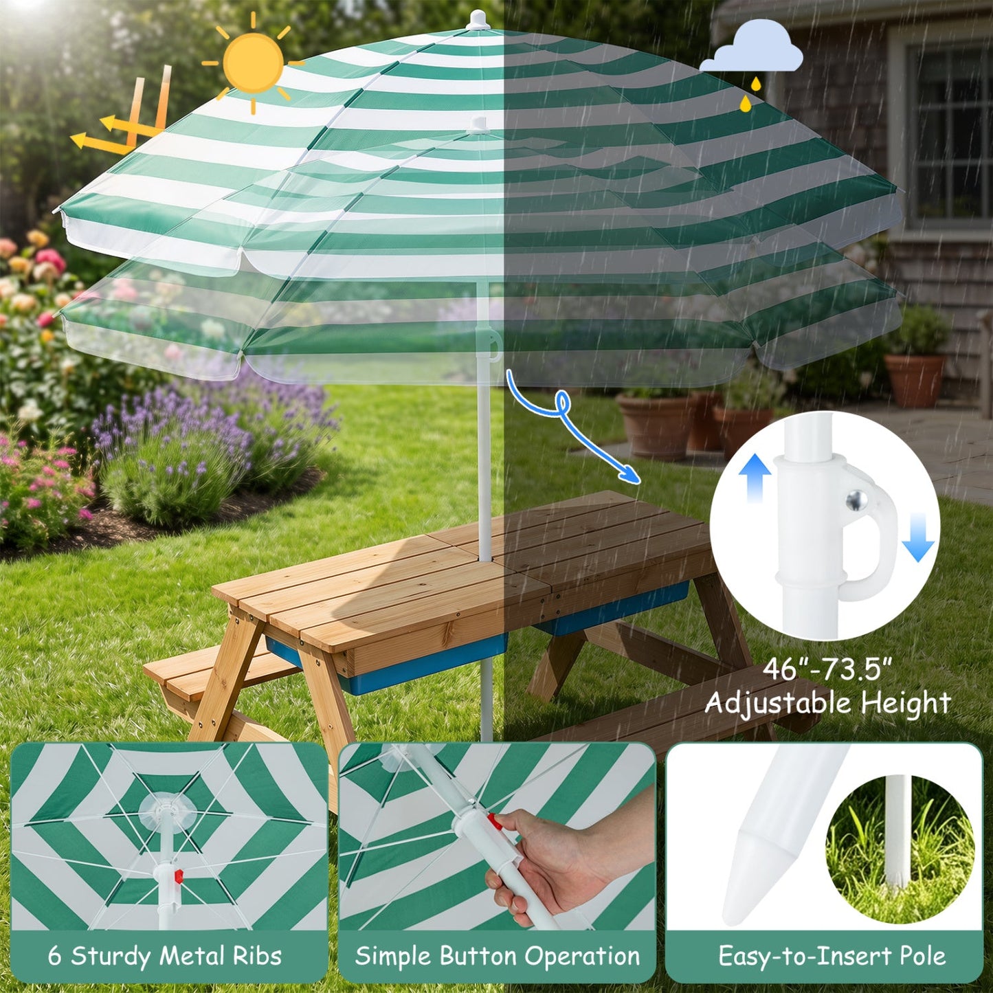 Kids outdoor picnic water sand table with striped green umbrella on a wooden table on Tampa Home & Garden Store
