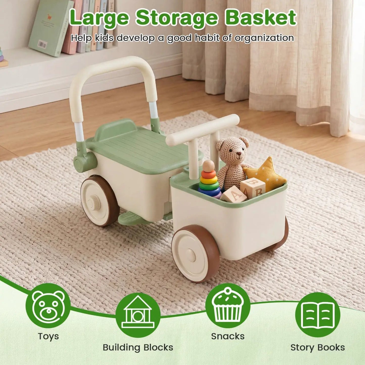 3-in-1 Kids Ride on Push Car with Rope and Basket