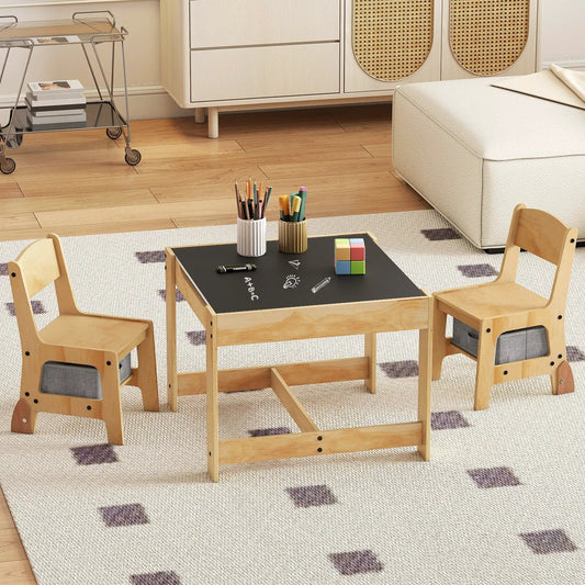 3 in 1 Kids Table & Chair Set with Drawers natural wood; chalkboard top, 2 chairs on Tampa Home & Garden Store