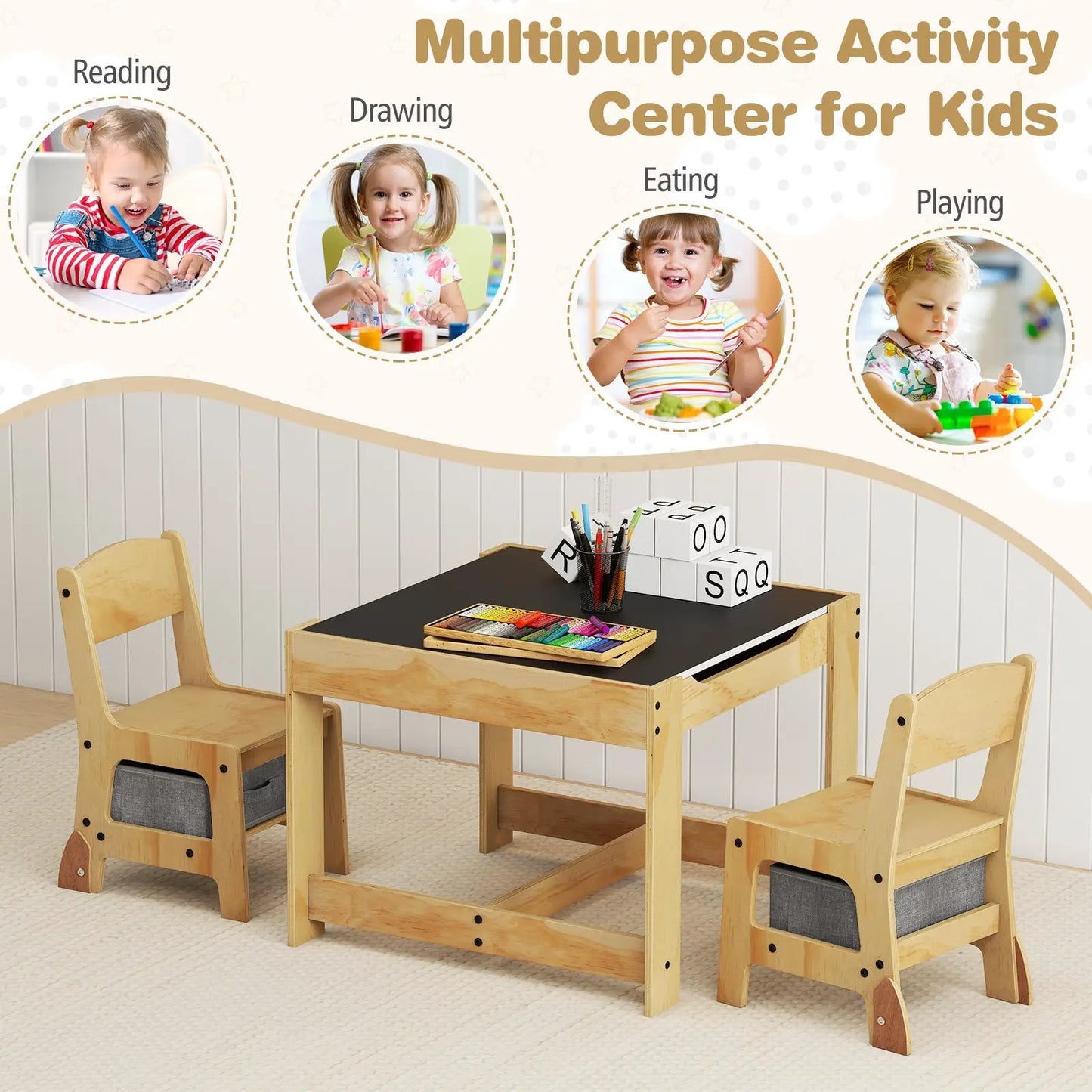 3 in 1 Kids Table and Chair Set with Drawers in natural wood with 4 chairs DirectDeals on Tampa Home & Garden Store