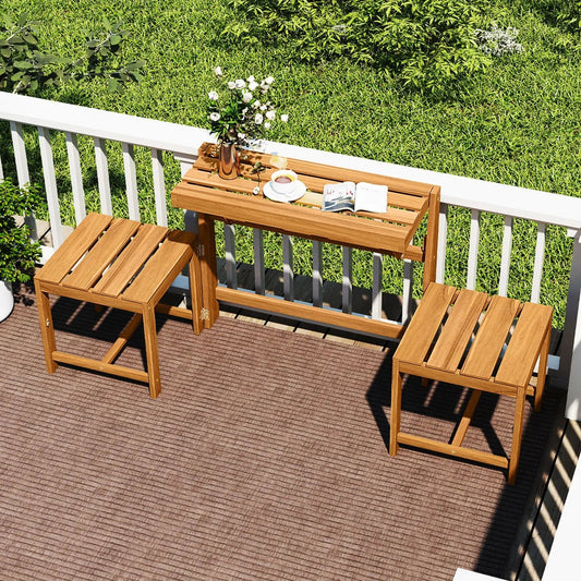 3-in-1 outdoor acacia wood bench with slatted seat and two stools on Tampa Home & Garden Store