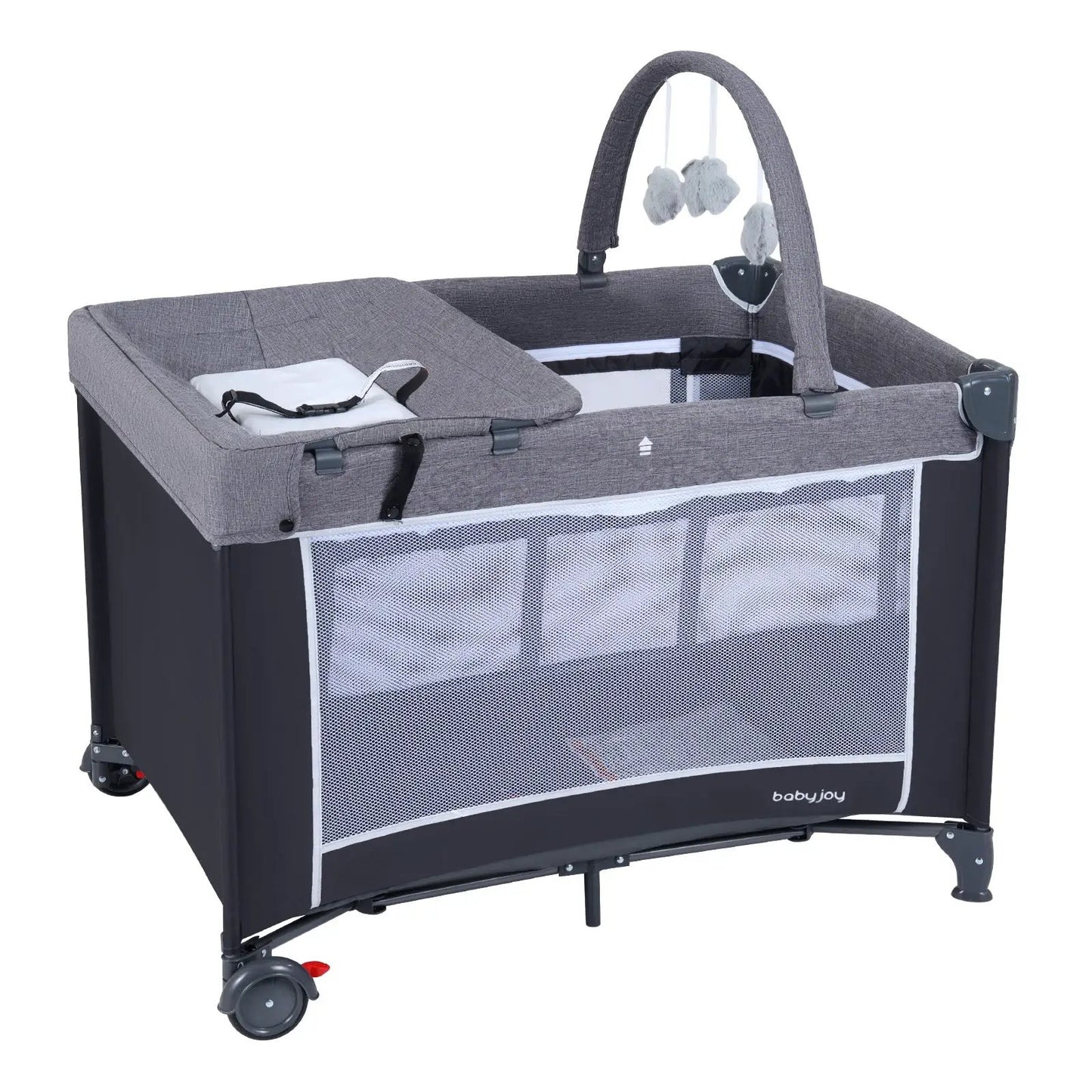3-in-1 Portable Baby Crib and Playpen babyjoy travel crib in grey fabric with mesh sides on Tampa Home & Garden Store