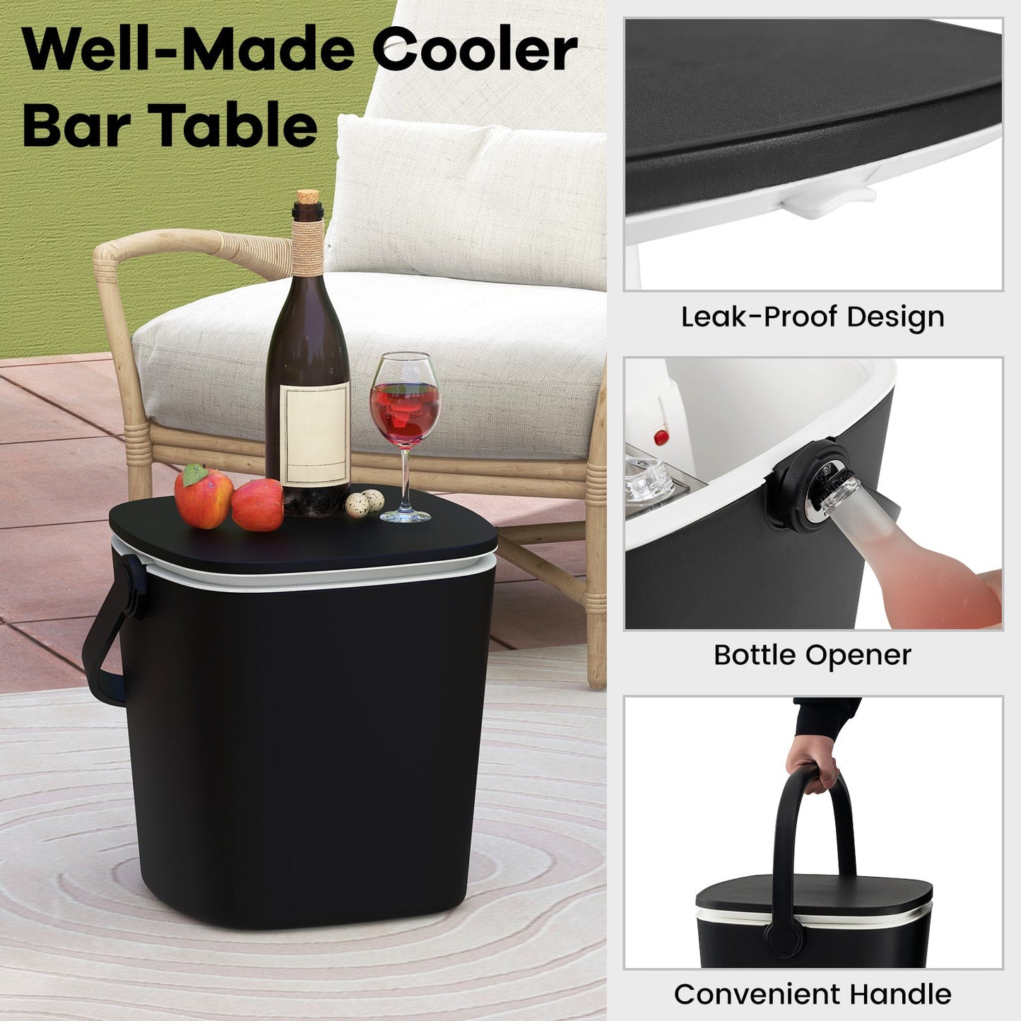 Mesa bar nevera portátil 3 en 1 con abridor de botellas y tapa elevable para camping o piscina - Negro