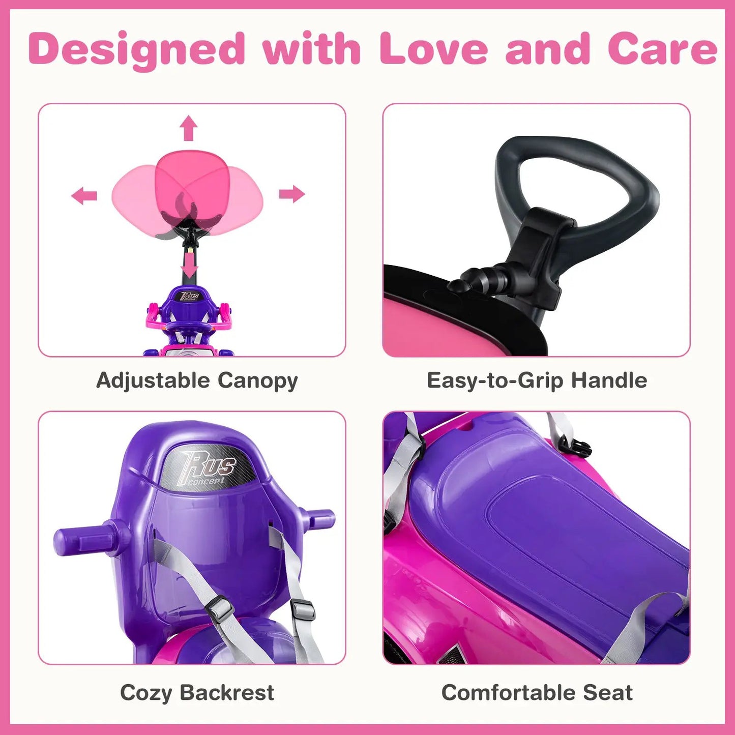 3 in 1 Push Car for Toddlers with Lights purple chassis adjustable canopy and easy-grip handle on Tampa Home & Garden Store