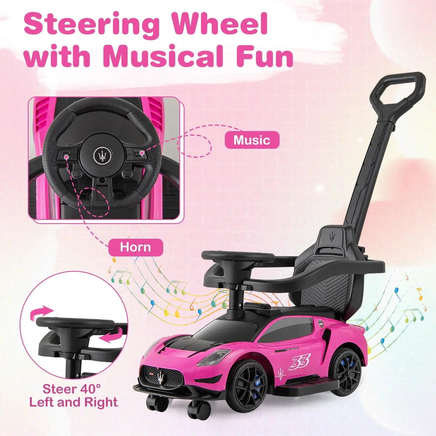 Maserati Licensed 3-in-1 Ride On Push Car pink with steering wheel, horn and music DirectDeals on Tampa Home & Garden Store