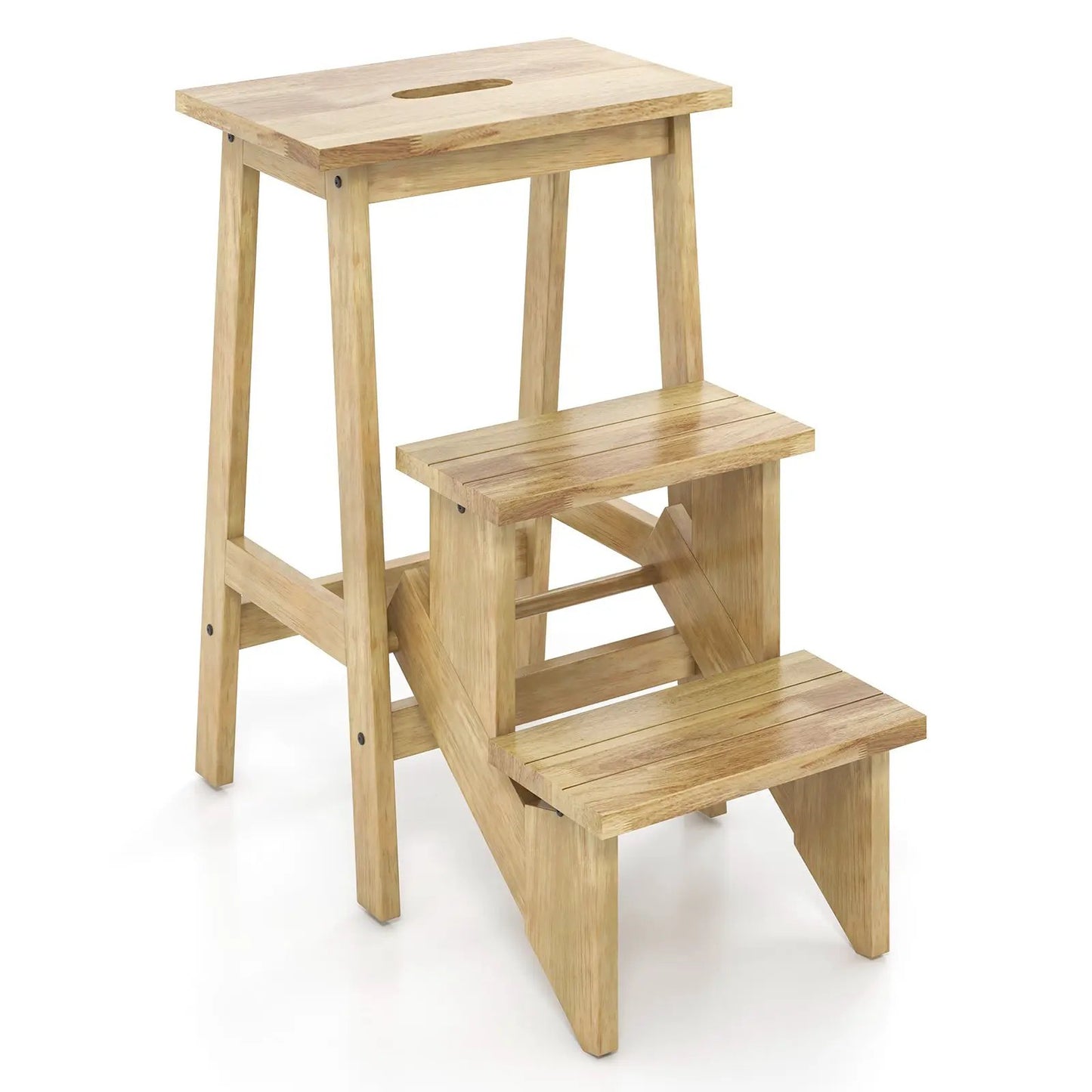 Three-in-One rubber wood step stool with handle, natural finish by DirectDeals on Tampa Home & Garden Store