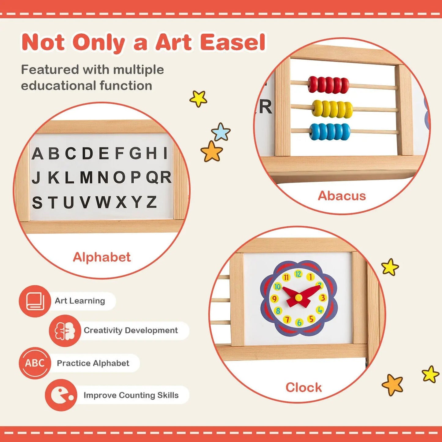 3-in-1 wooden art easel for kids with alphabet board, abacus beads, and clock on Tampa Home & Garden Store