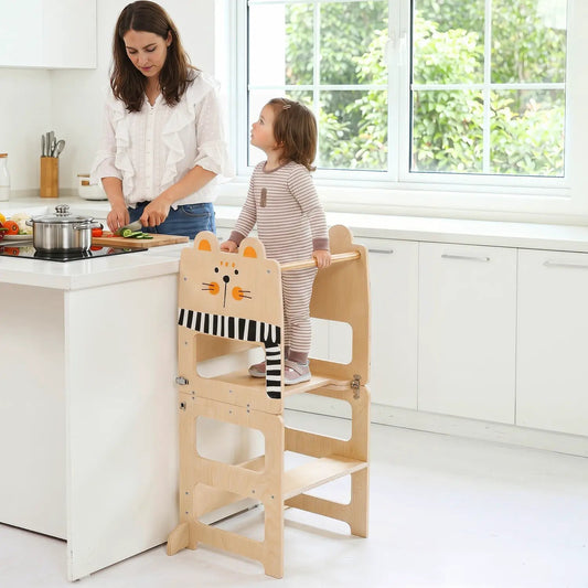 3-in-1 wooden kids step stool with natural finish and cute cat face with striped scarf design on Tampa Home & Garden Store