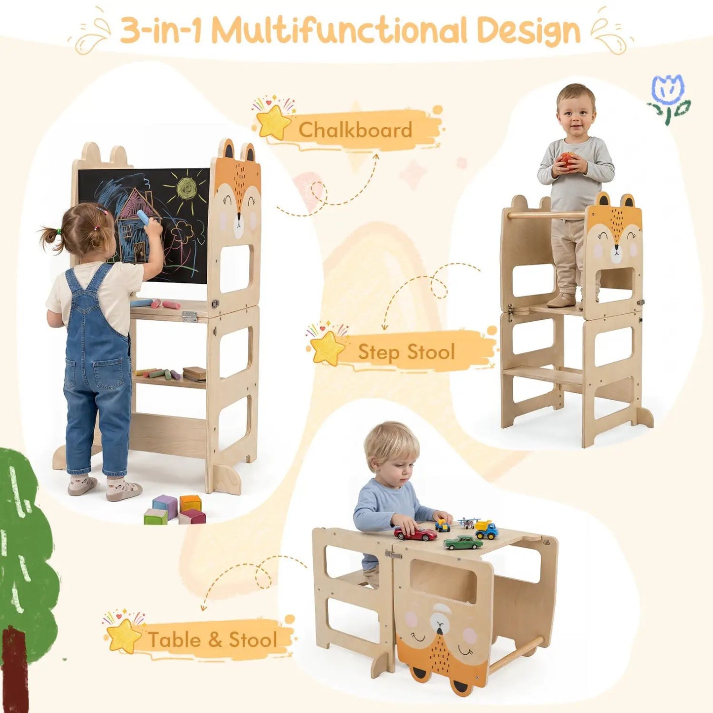 Wooden Kids Step Stool 3 in 1 with Chalkboard