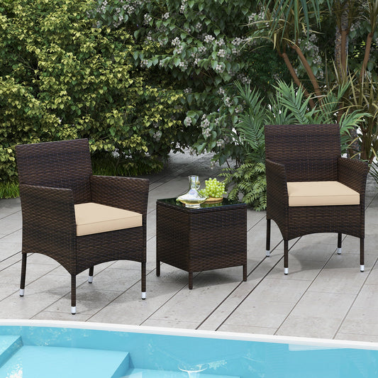 3 Pieces Outdoor Conversation Set with Cushioned Seat and Glass Tabletop-Beige - Tampa Home & Garden Store