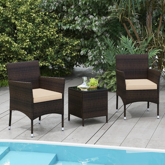 3 Pieces Outdoor Conversation Set with Cushioned Seat and Glass Tabletop-Beige - Tampa Home & Garden Store