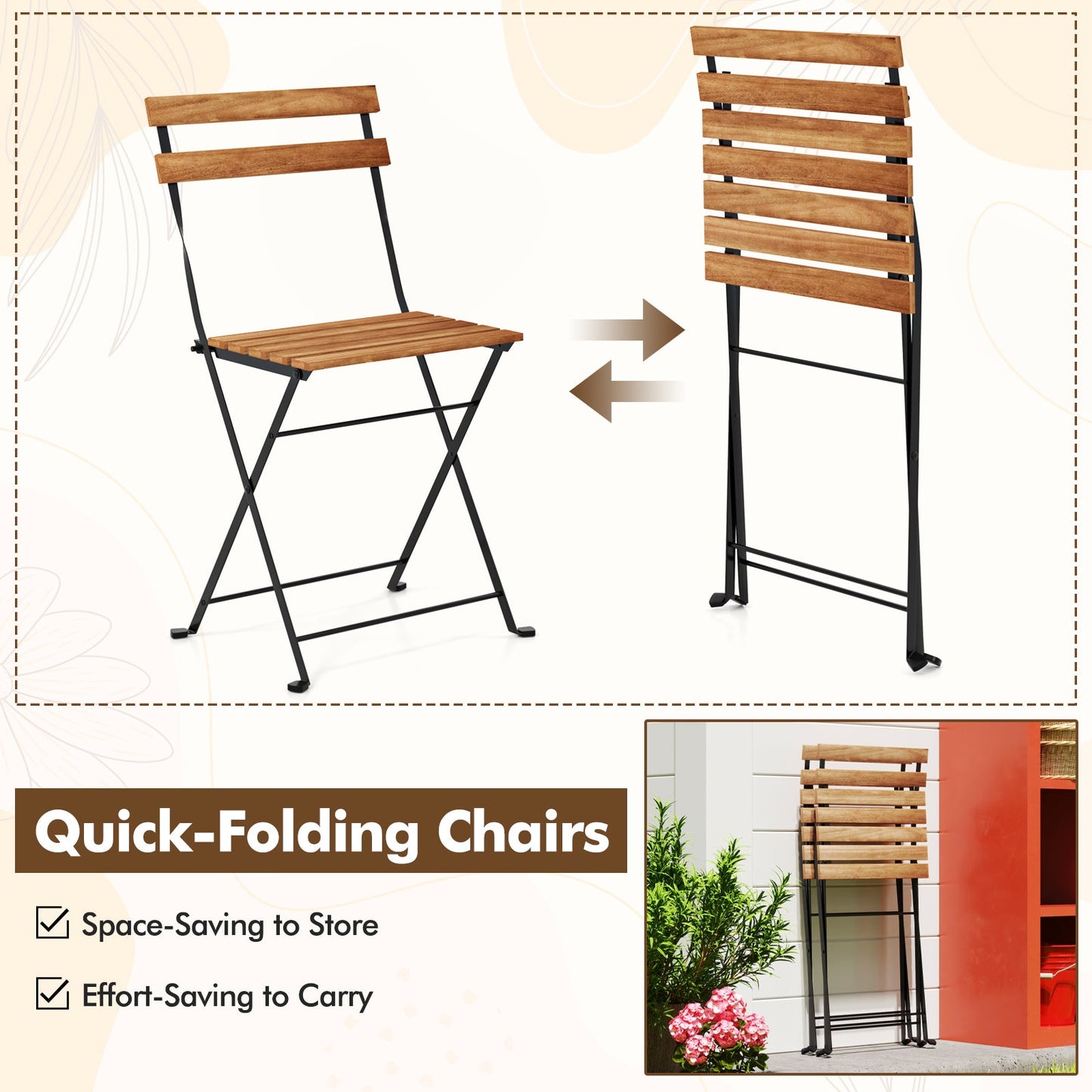 Juego de comedor de 5 piezas para patio, de madera de acacia, con 4 sillas plegables - Marrón