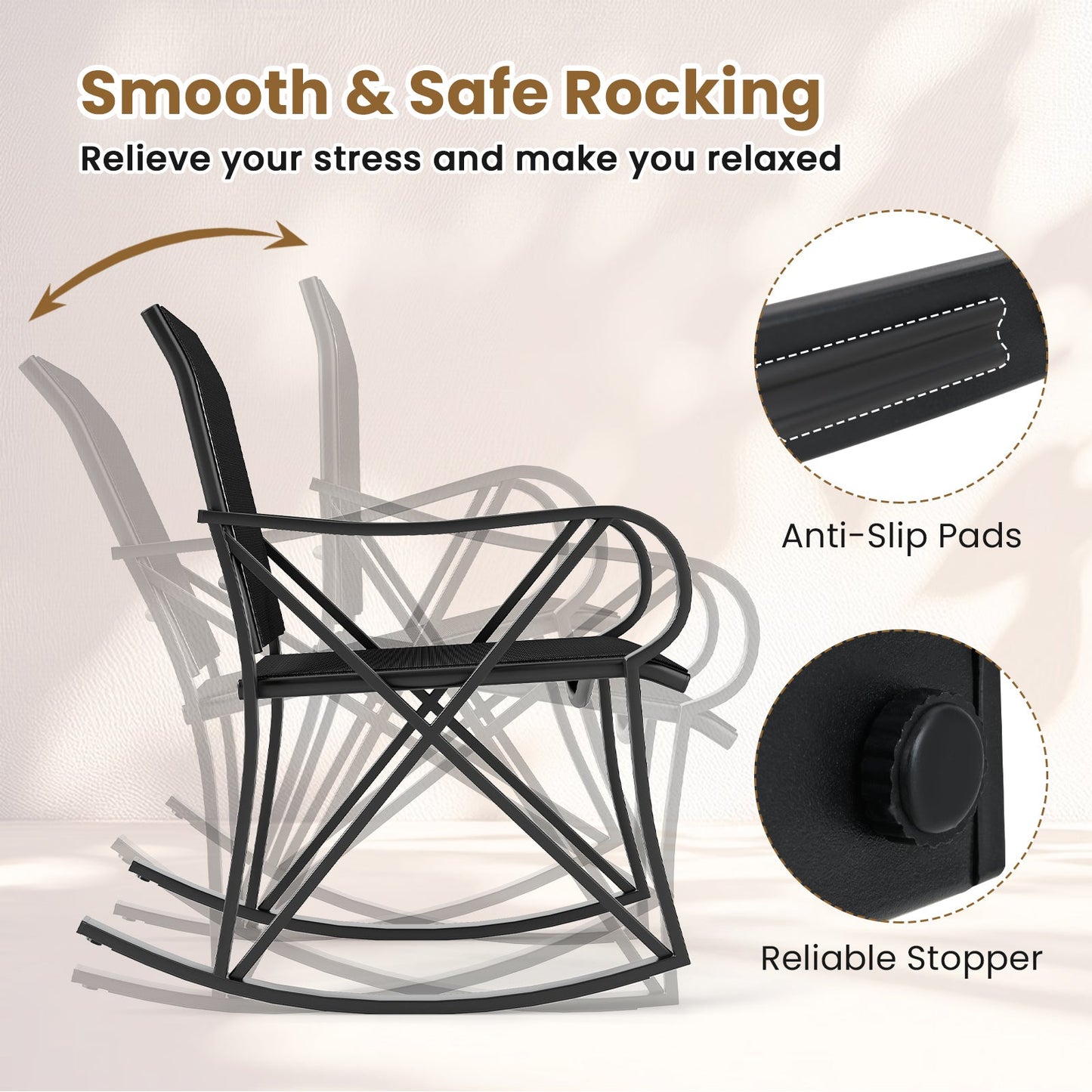 Juego de 3 piezas de mecedora para patio con movimiento suave, juego de bistró con silla mecedora para exteriores - Negro