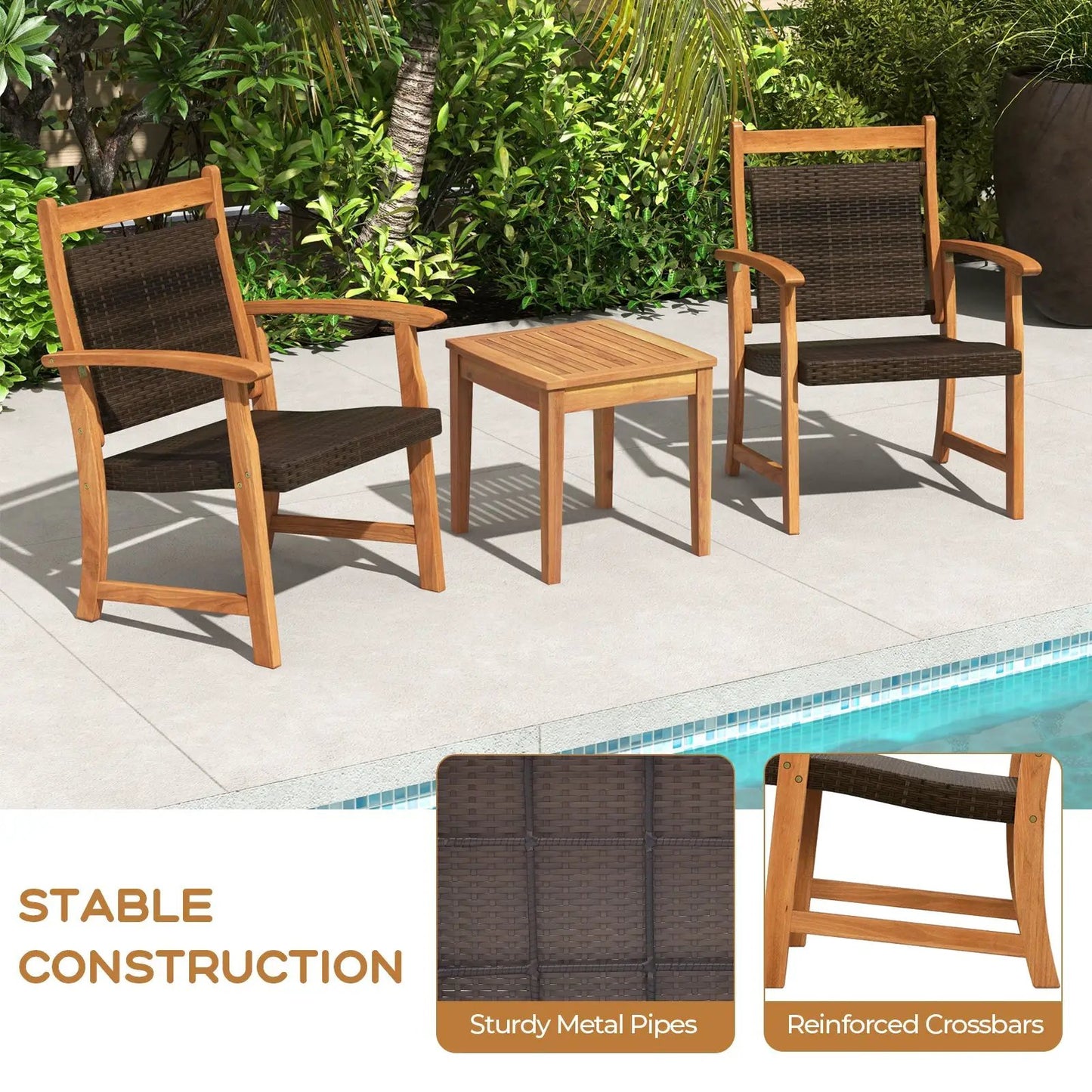 Three-piece rattan bistro set with acacia wood and dark brown woven seats on Tampa Home & Garden Store