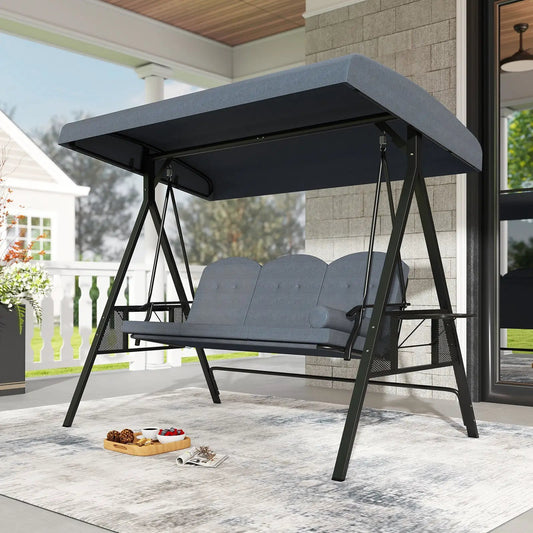 3-Seat Patio Swing with Adjustable Canopy, gray cushions, dark metal frame, side trays on Tampa Home & Garden Store