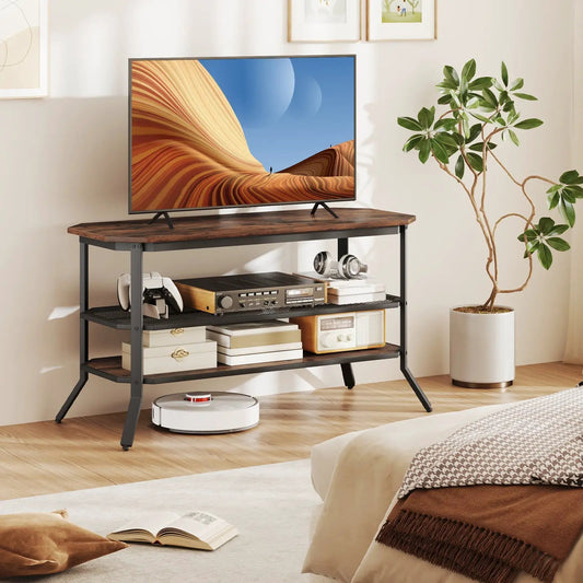 Three-tier TV stand with mesh shelves, rustic wood top and gray frame, holds up to 46in TV on Tampa Home & Garden Store