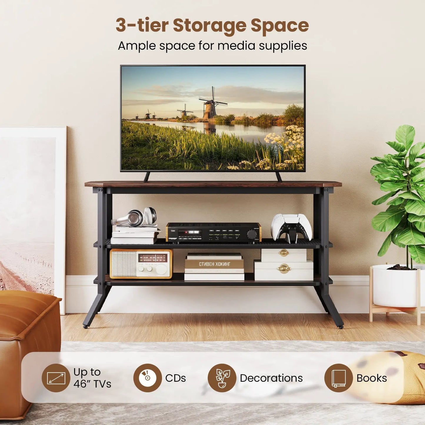 3-tier Console Table TV Stand with Mesh Storage Shelf-Rustic Brown - Tampa Home & Garden Store