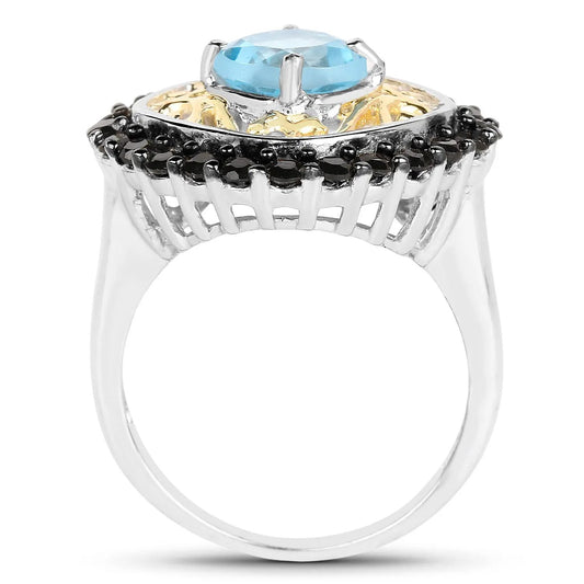 Two Tone Plated Blue Topaz and Black Spinel Ring with silver band and halo on Tampa Home & Garden Store