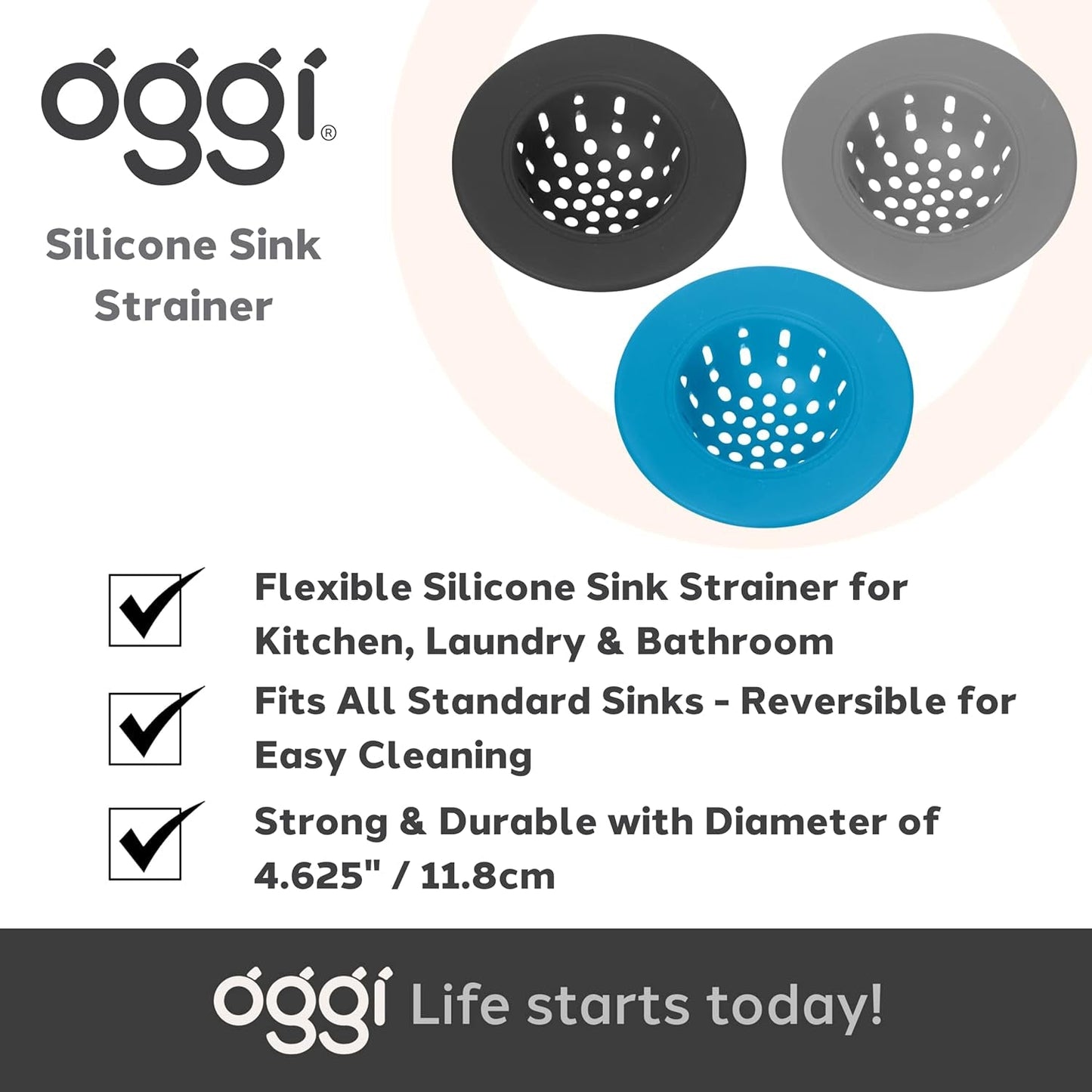Oggi silicone sink strainer trio in blue, black and gray; versatile kitchen drain strainers on Tampa Home & Garden Store
