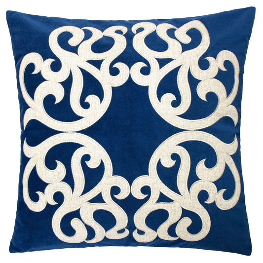 Dora pillow cover with matching back, blue with beige embroidered scroll pattern on Tampa Home & Garden Store