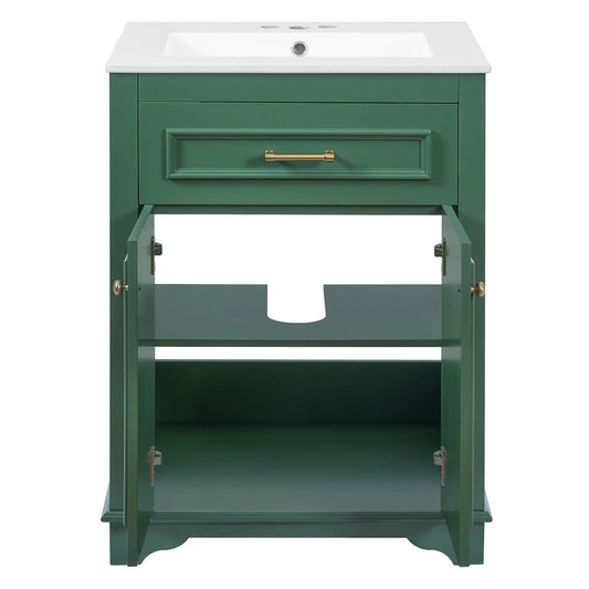 Bathroom vanity green cabinet with integrated white sink, 2-door cabinet and tip-out drawer on Tampa Home & Garden Store