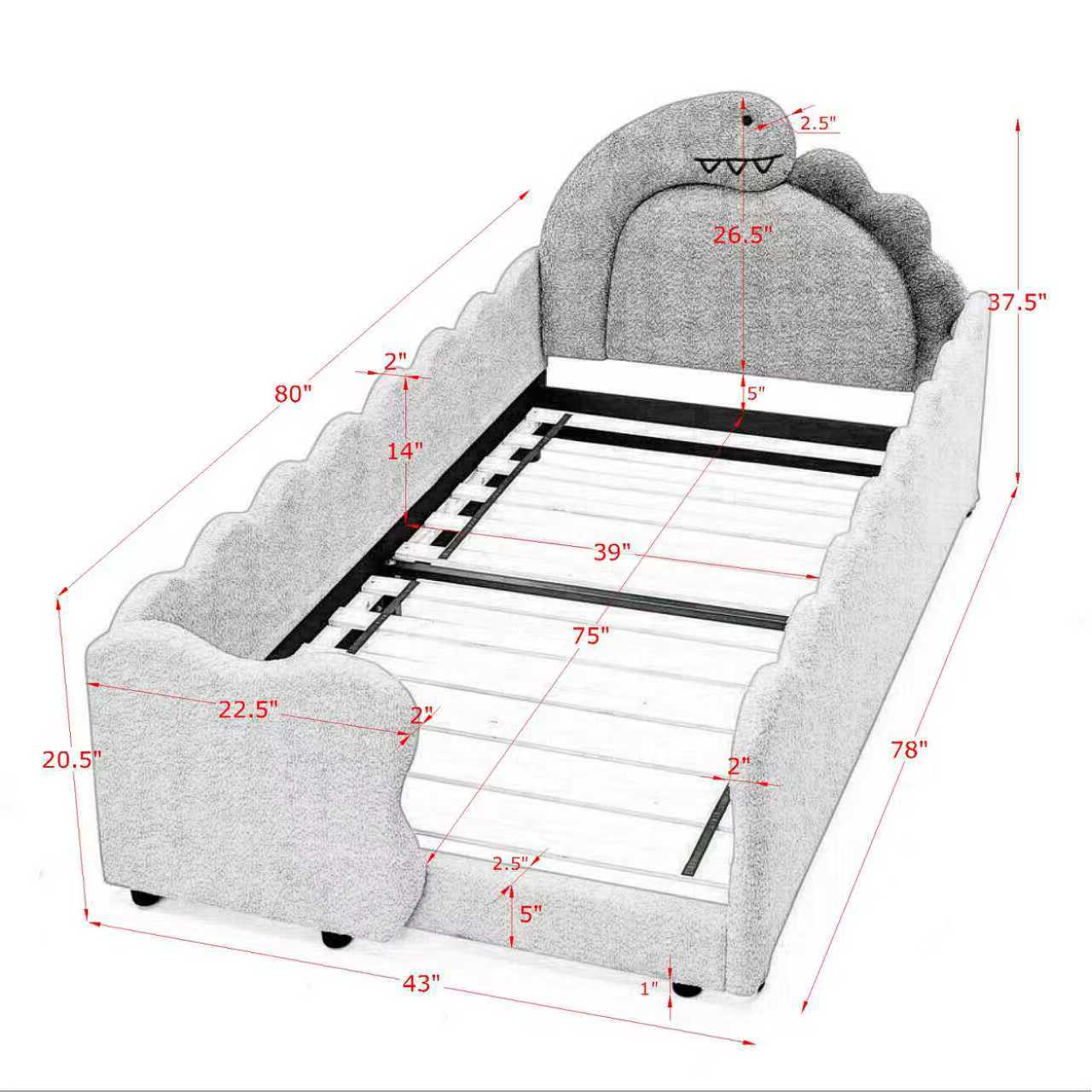 Twin size dinosaur-shaped kids bed with safety guardrails by HouseOfZazla in gray plush finish on Tampa Home & Garden Store