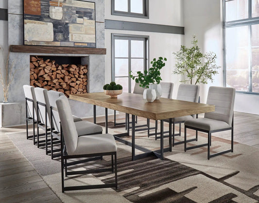 Tomtyn Dining Room Set wood table with black metal legs and gray upholstered chairs on Tampa Home & Garden Store