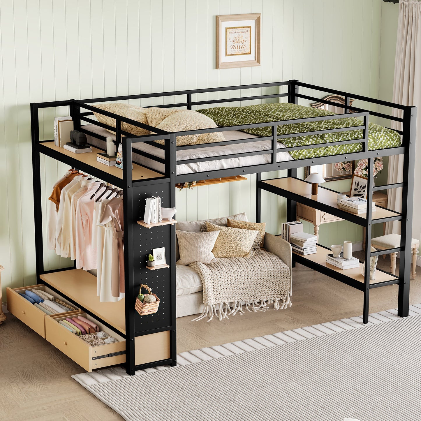 Queen Size Metal Loft Bed Frame and Wardrobe