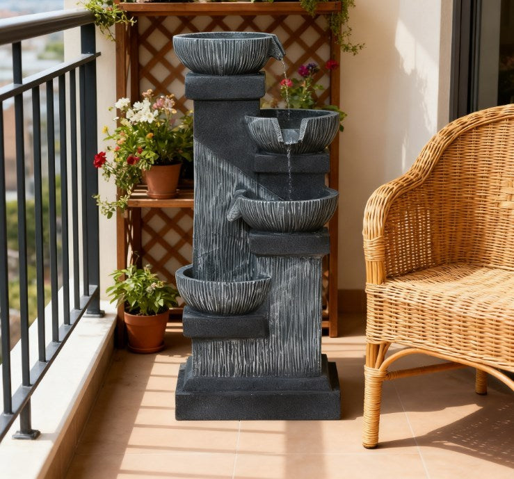 4-Tier resin cascading bowls outdoor waterfall fountain with LED lights HouseOfZazla on balcony on Tampa Home & Garden Store