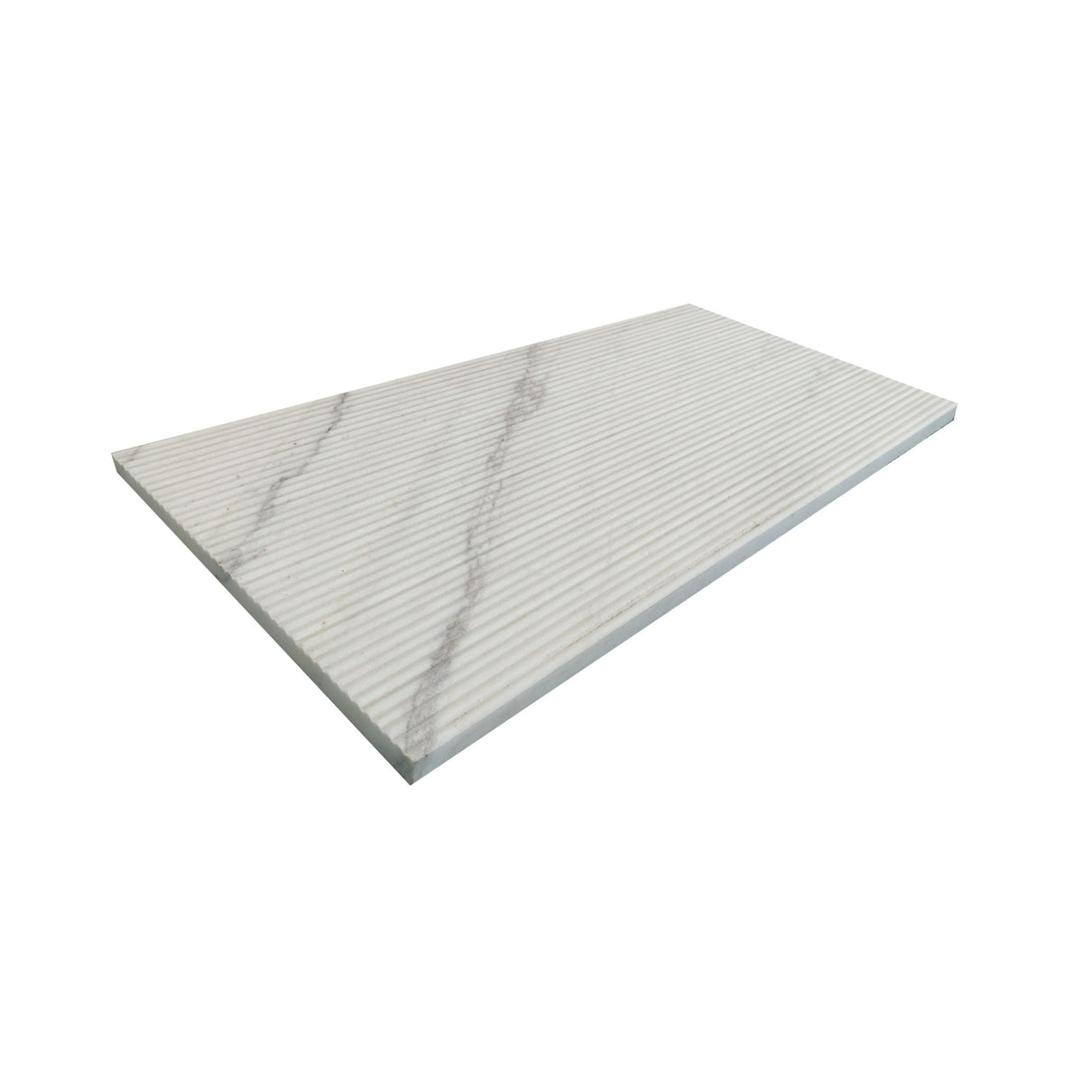 Textured white marble decorative tile with subtle gray veining and grooved surface on Tampa Home & Garden Store