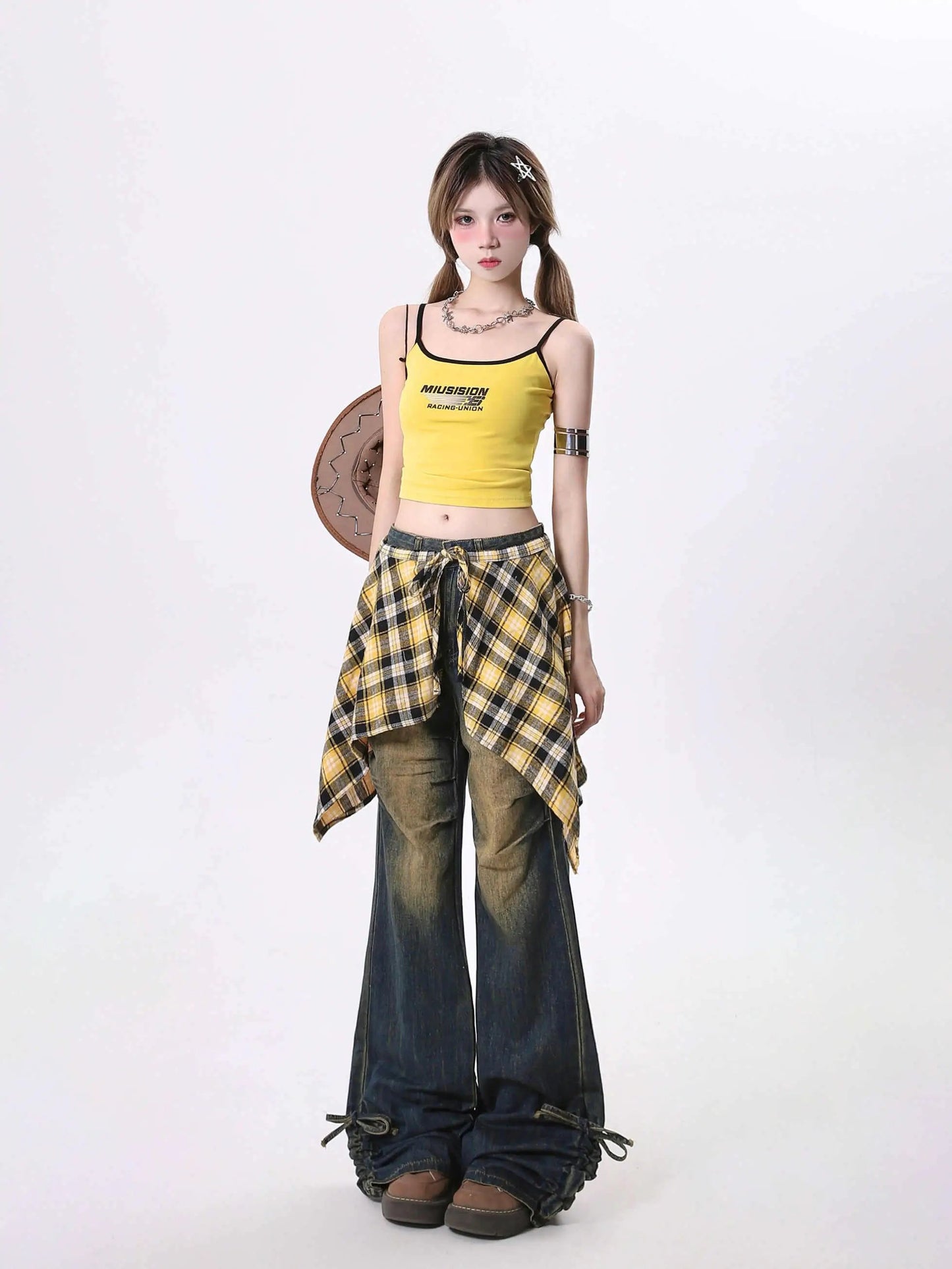 Jeans Women's Skirt Swing Outside Casual Bootcut Pants yellow tank, plaid waist wrap denim jeans on Tampa Home & Garden Store