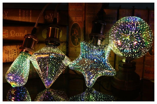 Stevvex 3D Edison LED bulb string lights in star, diamond and sphere shapes with fireworks glow on Tampa Home & Garden Store