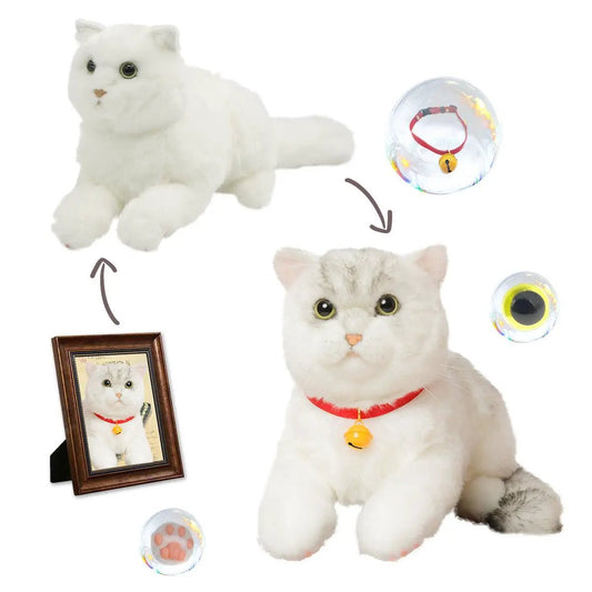 Custom Cat Plush Memorial Keepsake by Chongker; plush cat with red collar bell, framed photo on Tampa Home & Garden Store